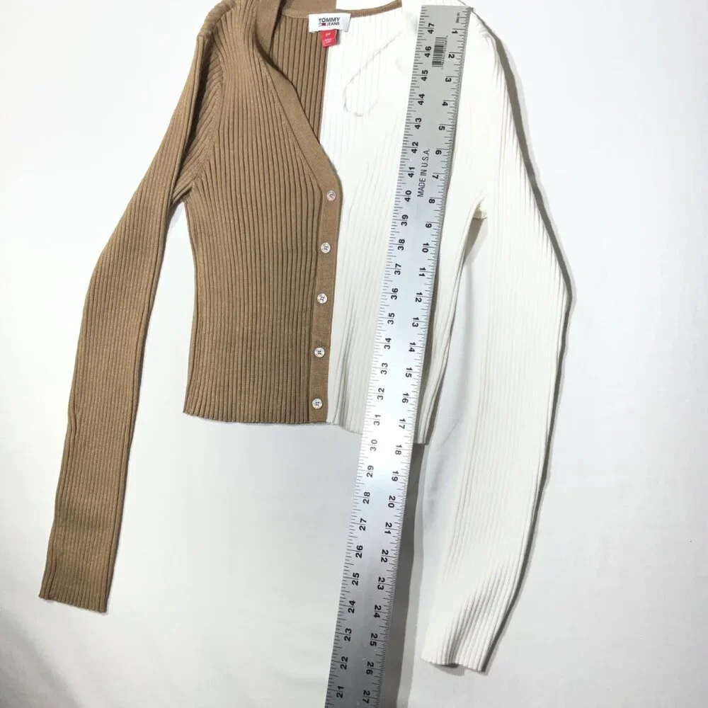 Tommy Jeans Two-Tone Ribbed Knit Button-Up  Size S Cardigan In White & Brown - Picture 9 of 10